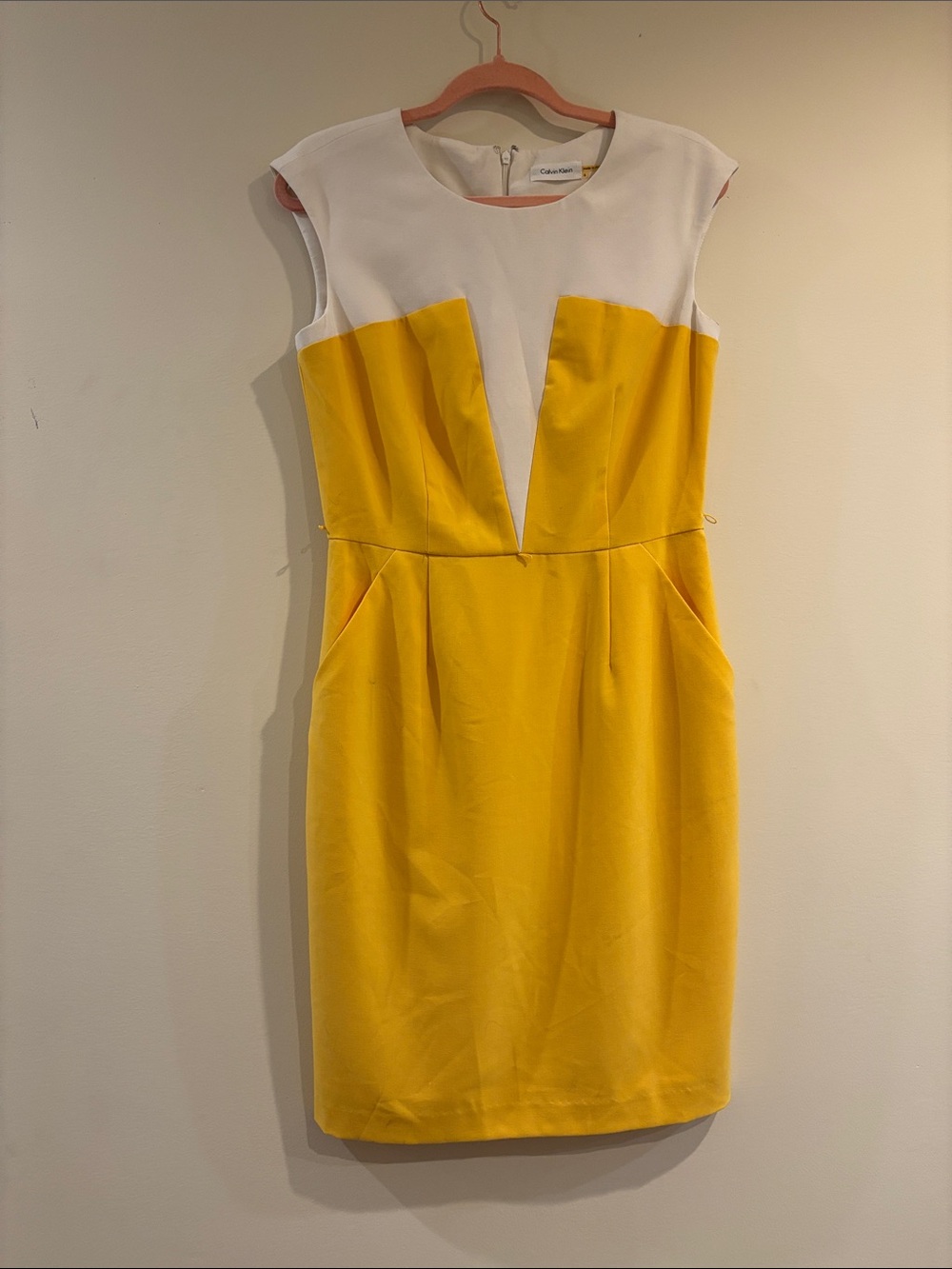 Calvin Klein Yellow and White V-Inset Cap Sleeve Midi Dress